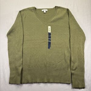Vintage Cherokee Womens Green Ribbed Cable V-neck Sweater Large Cozy Y2K NWOT